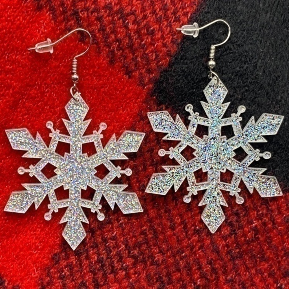 Acrylic Snowflake Glitter Earrings Winter Christmas Dangle Wire Hook Earrings
